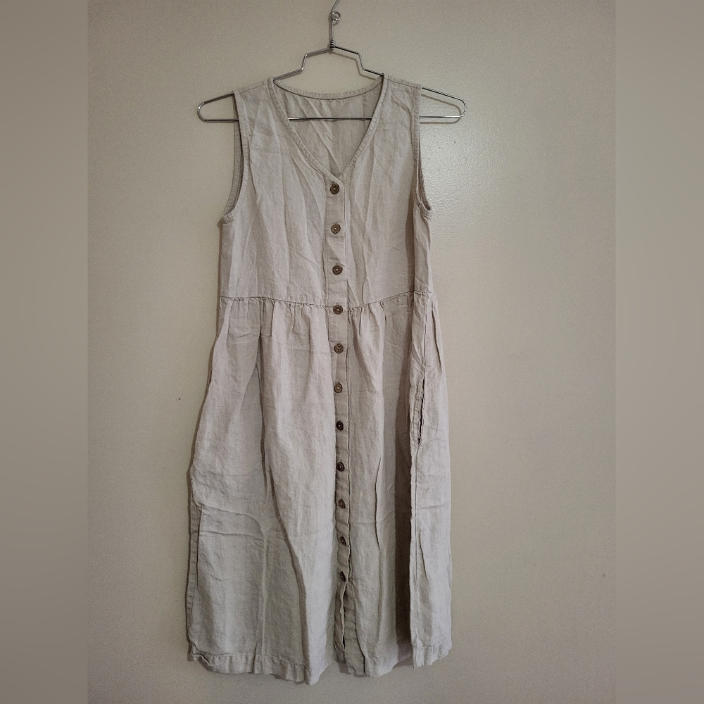 LinenbyMN Linen V Neck Button Midi Dress Light Beige Small